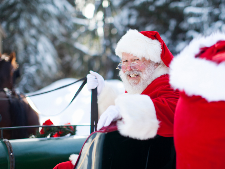 Santa sitting in his sleigh, holding the reigns and looking over his left shoulder, smiling.